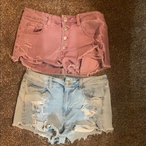 Distressed Pink and Blue Denim Shorts